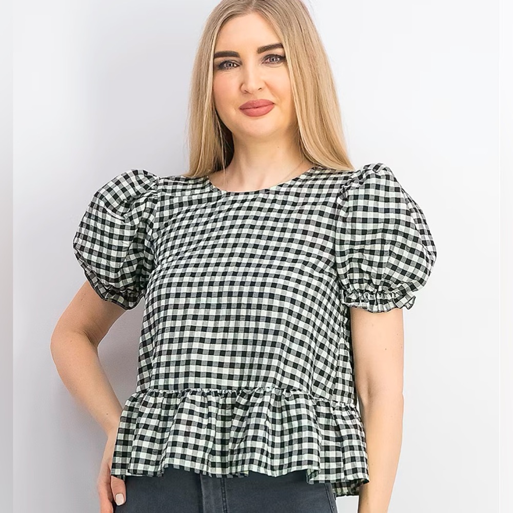 TOPSHOP MINT AND BLACK CHECKER TIE BACK PEPLUM CROPPED BLOUSE WITH PUFF SLEEVES